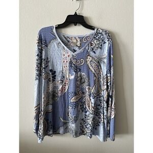Chicos Paisley Floral Print Long Sleeve Top WomenSize XL Blouse Boho Blue VNECK